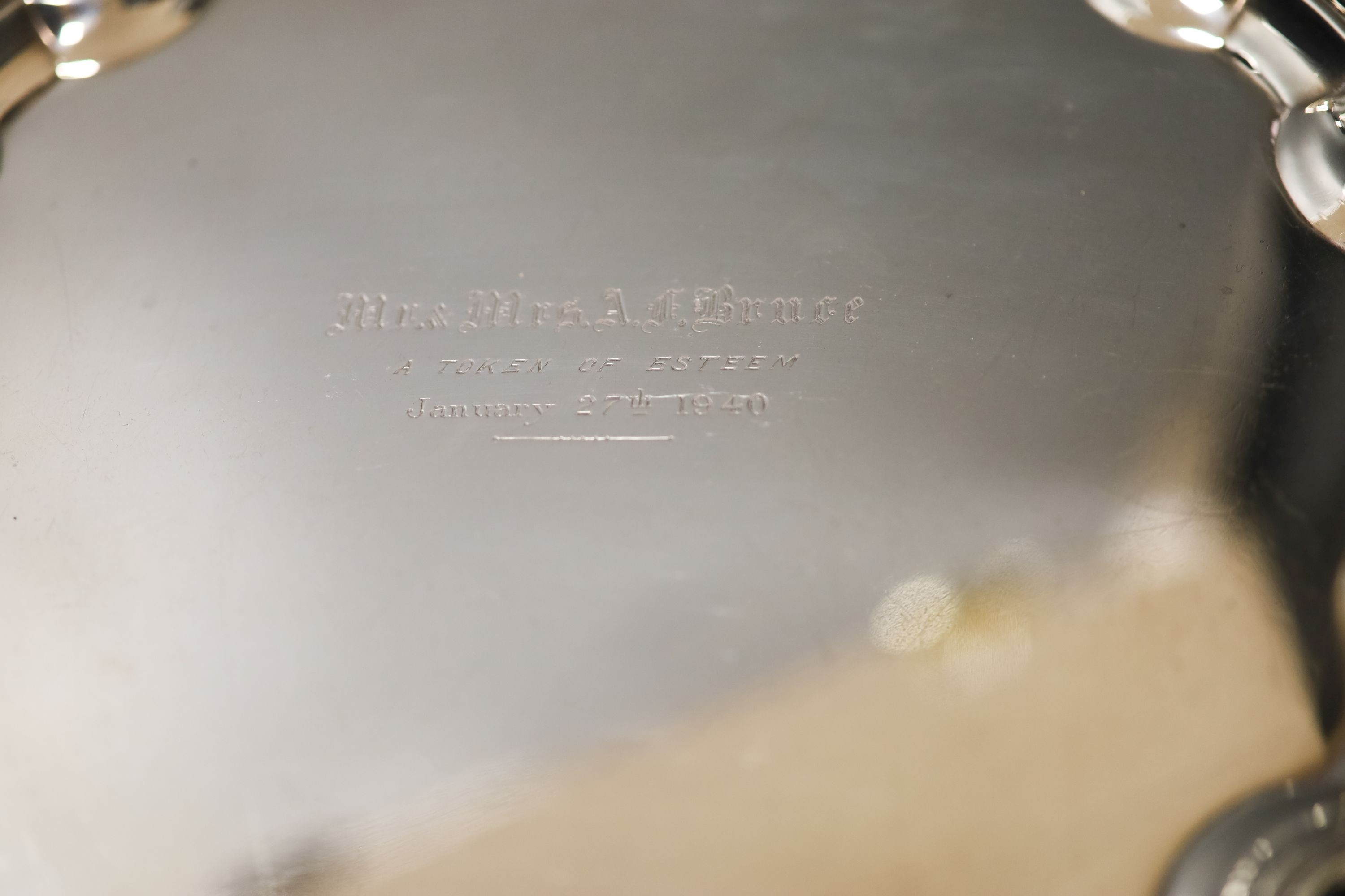 A George VI silver salver , with engraved inscription, Adie Bros. Birmingham, 1938, 25.4cm, 21oz.